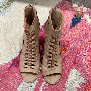 Chunky Leather Peep-Toe Heels